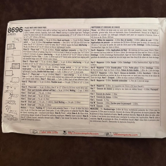 Simplicity HOME Sewing Pattern 8696 Place Mats and Chair Pads UNCUT - Picture 3 of 4